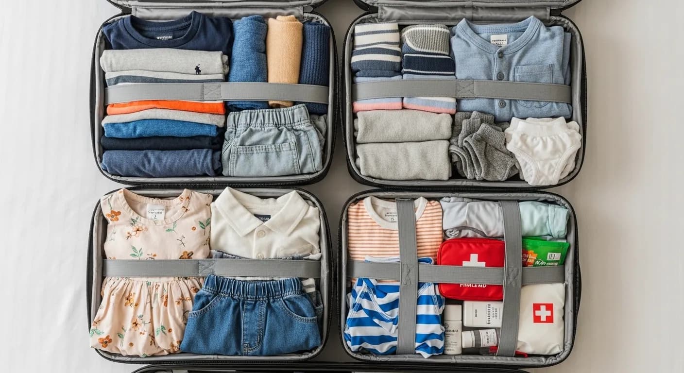 Parents and kids backpacking with children through an airport with light luggage