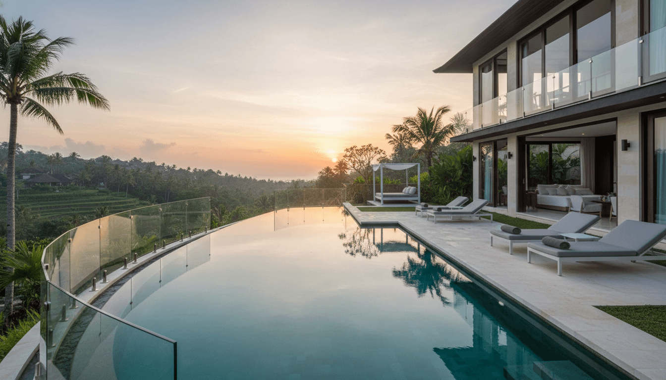 A private luxury villa in Bali featuring a pool with a safety fence