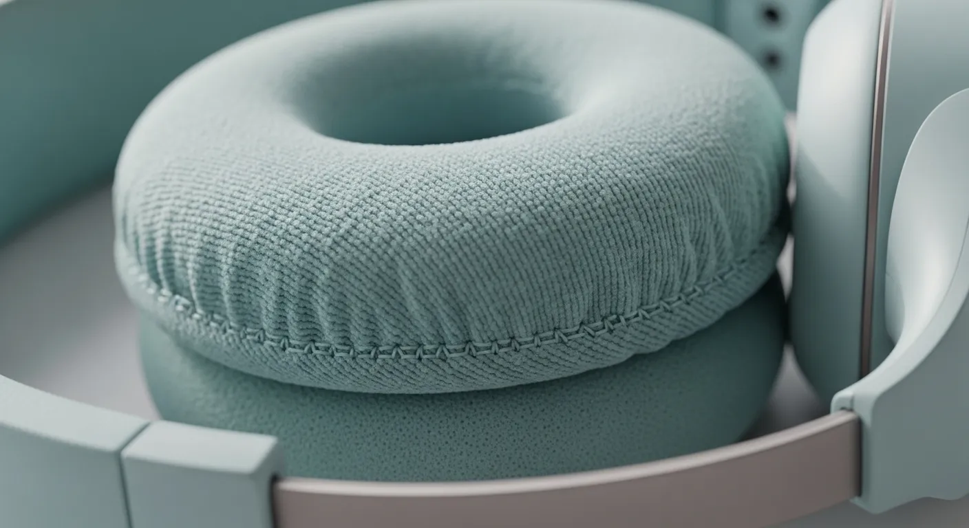 Close up of soft earpad materials on a pair of high-quality children's headphones
