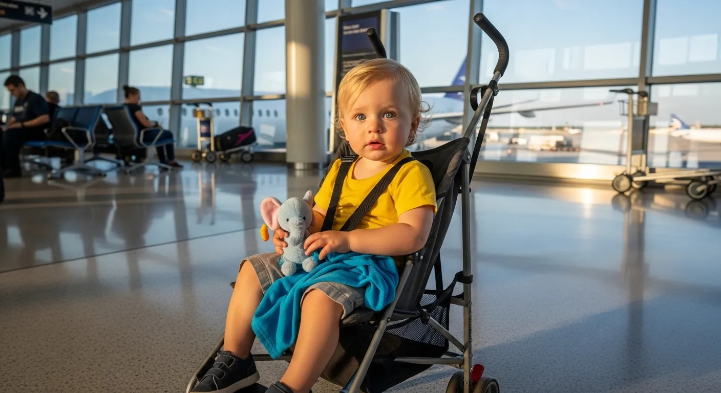 Toddler sitting comfortably in a lightweight travel stroller at the airport gate