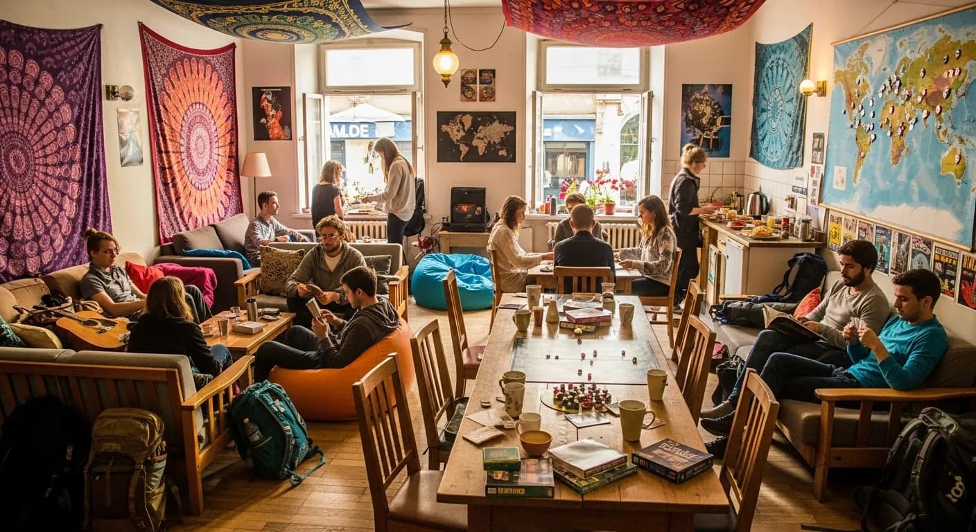 A budget-friendly hostel common area for social travelers