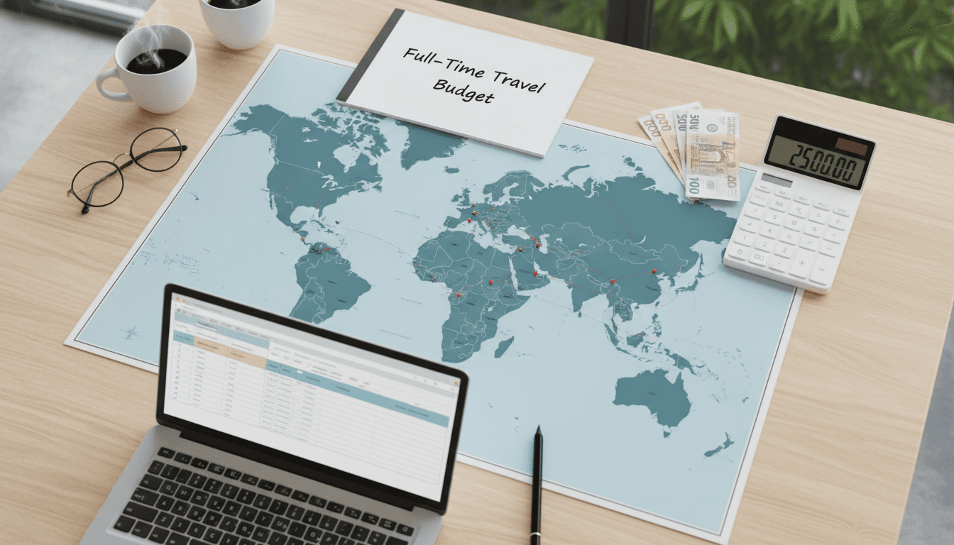 Planning a full-time travel budget with a map and calculator