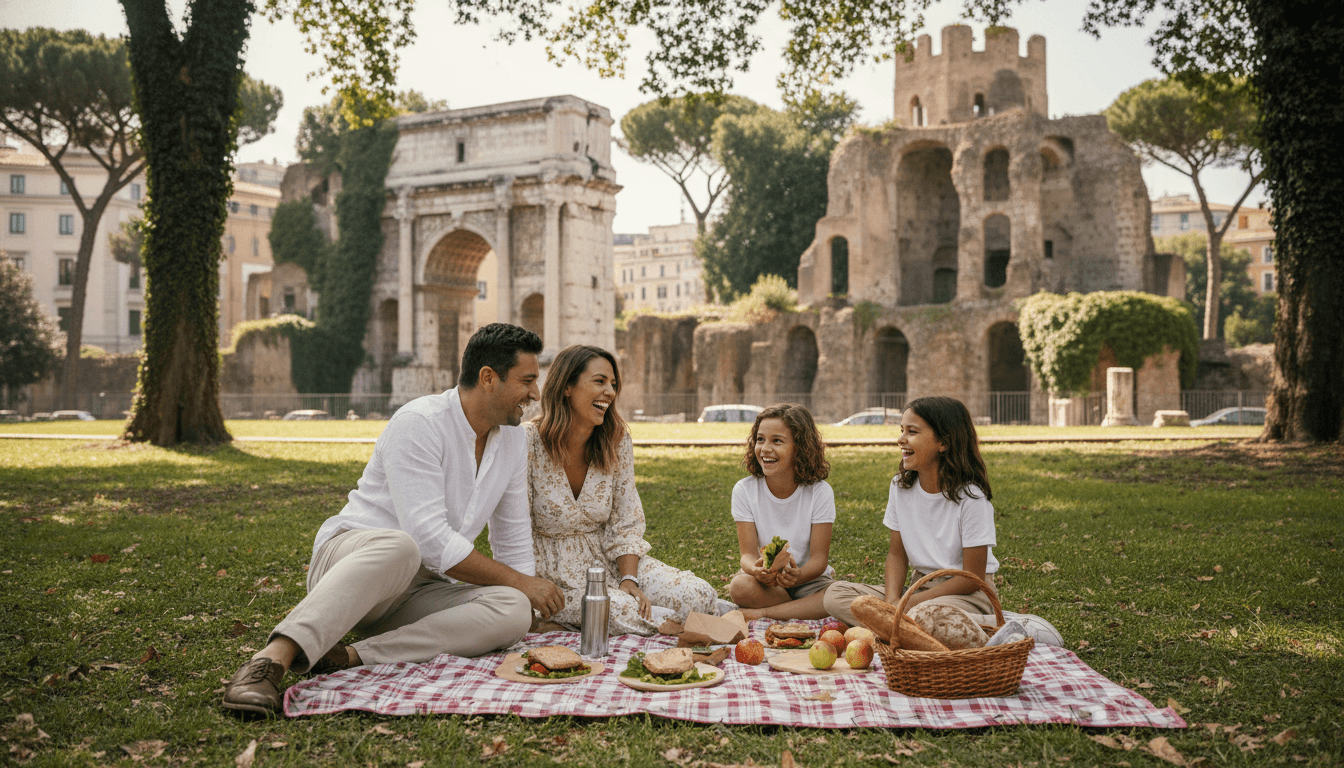 Family enjoying a budget-friendly picnic in a European park with historic ruins in the background