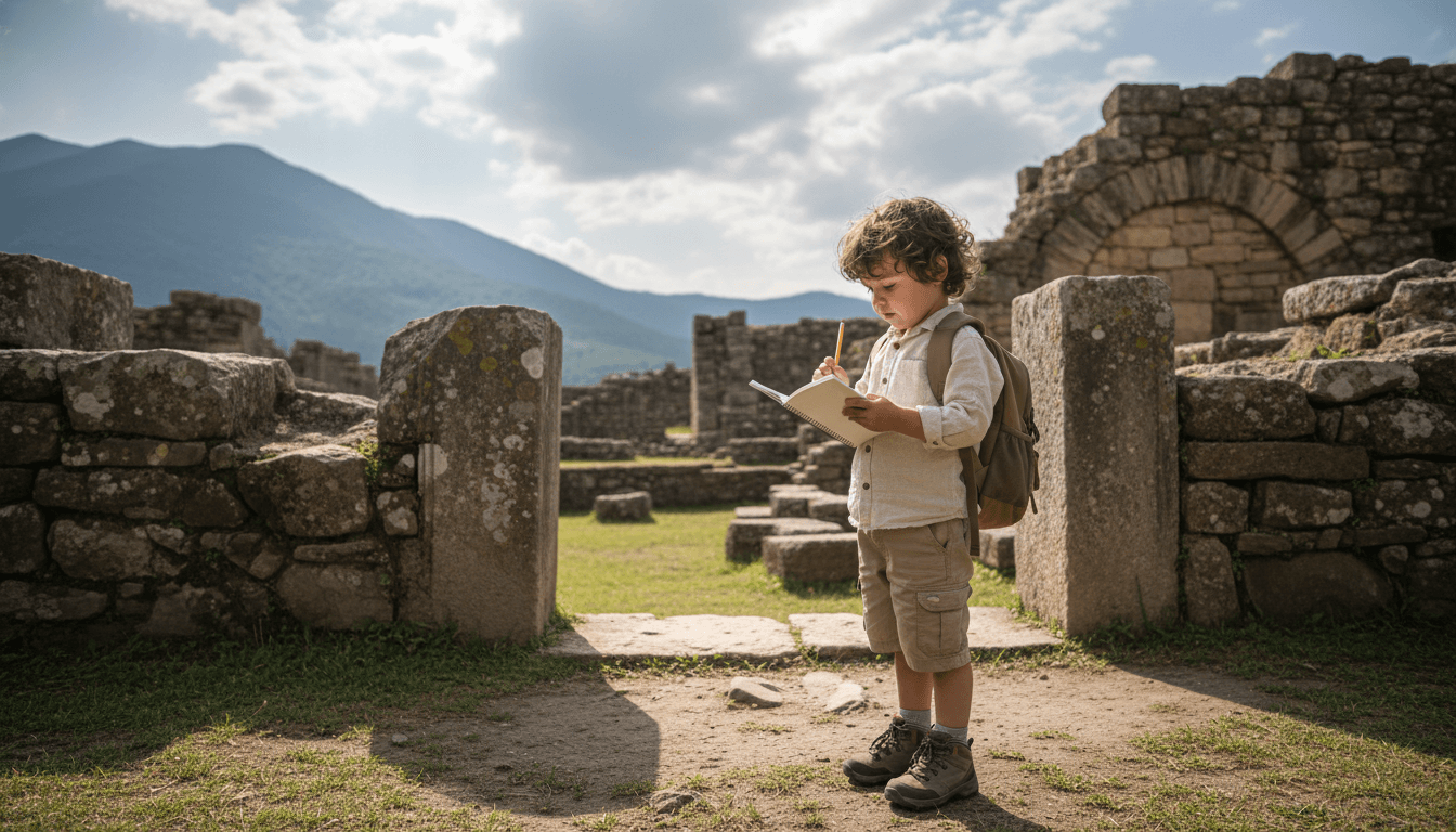 A young child exploring ancient stone ruins with a notebook in hand