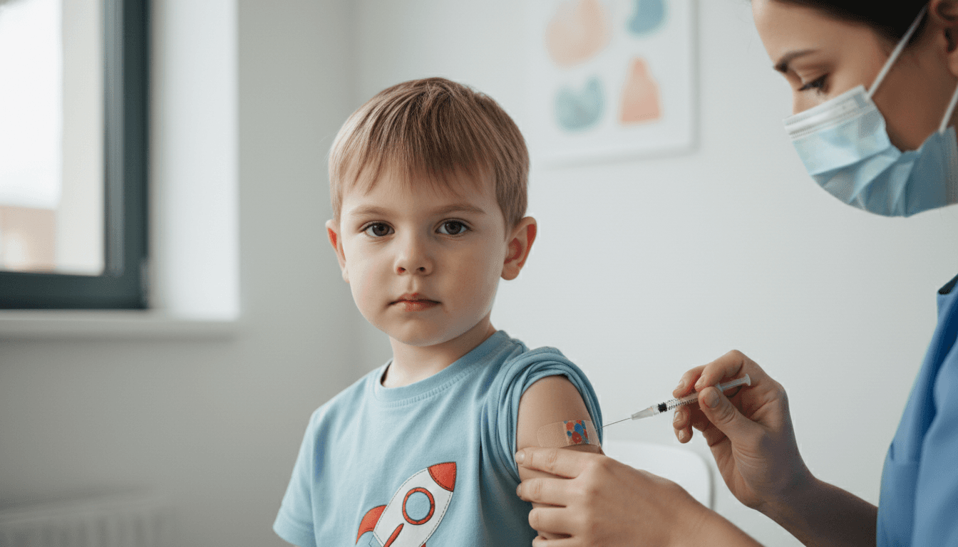 A young child receiving a vaccination with a brave face