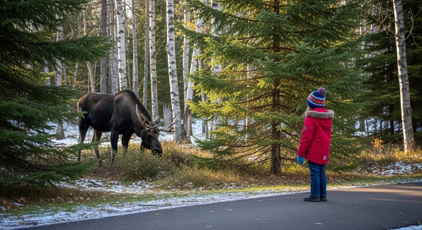 A young child looking at a large moose from a safe distance in a Canadian provincial park