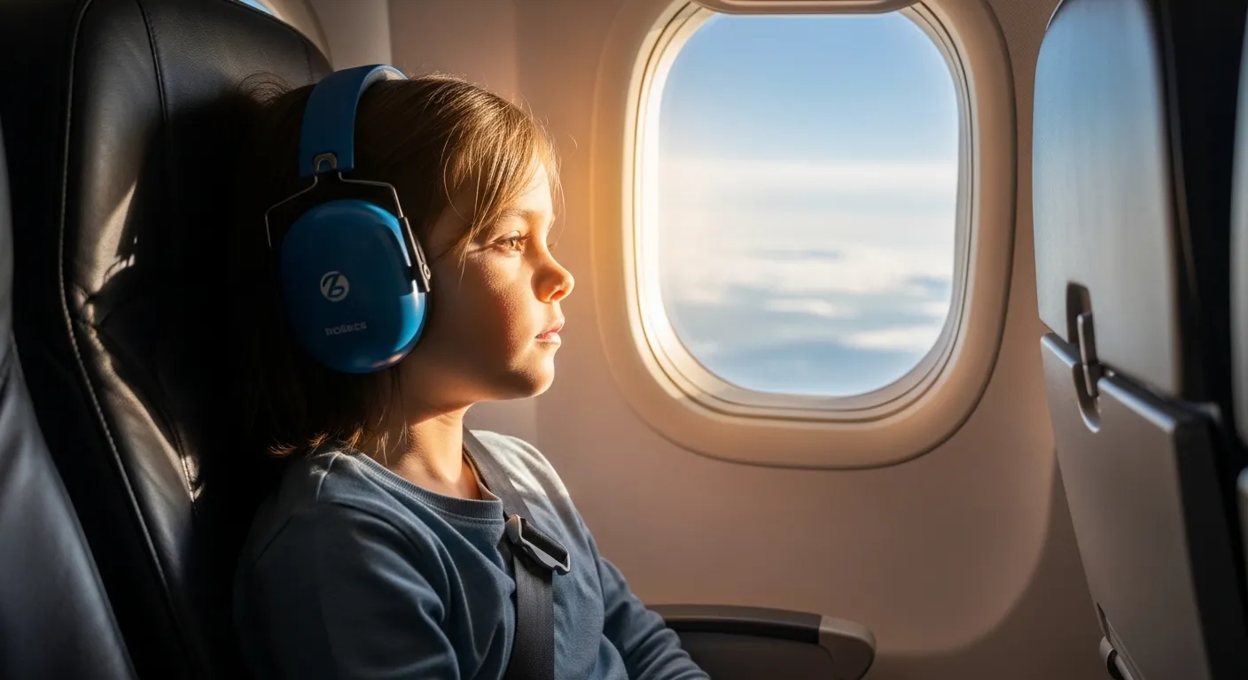 A young child sitting peacefully on an airplane wearing high-quality noise-canceling headphones while looking out the window