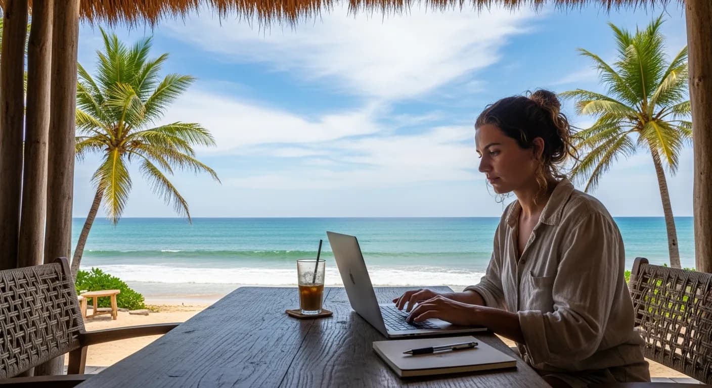 Digital nomad working remotely from a beachside cafe