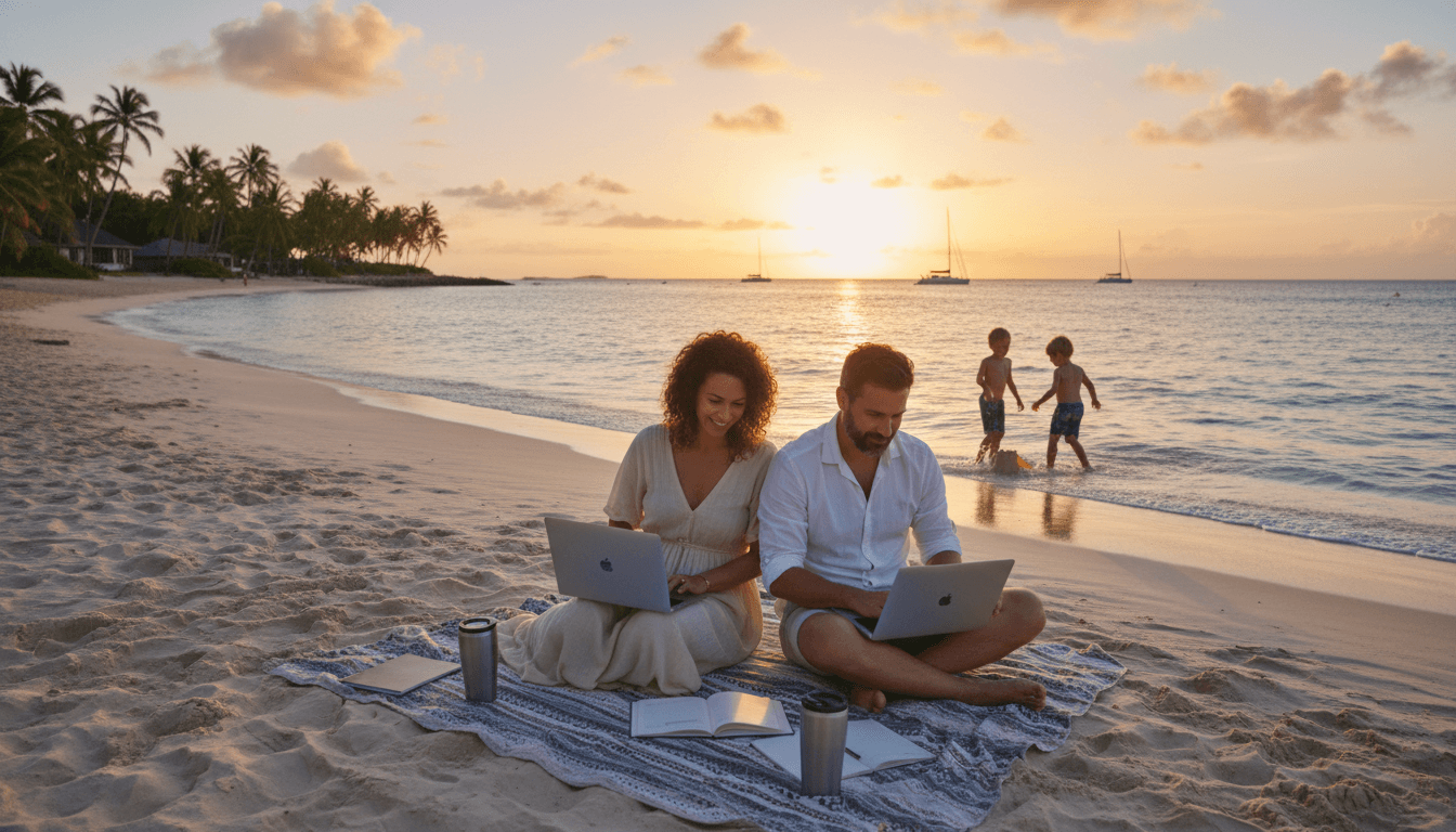 Parents working on laptops while kids play safely on a tropical beach at sunset