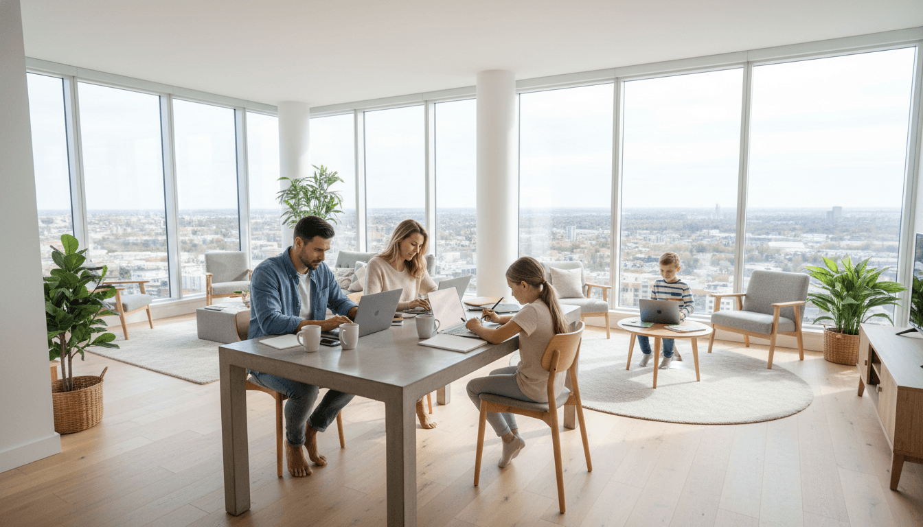 A digital nomad family working and studying together in a modern apartment