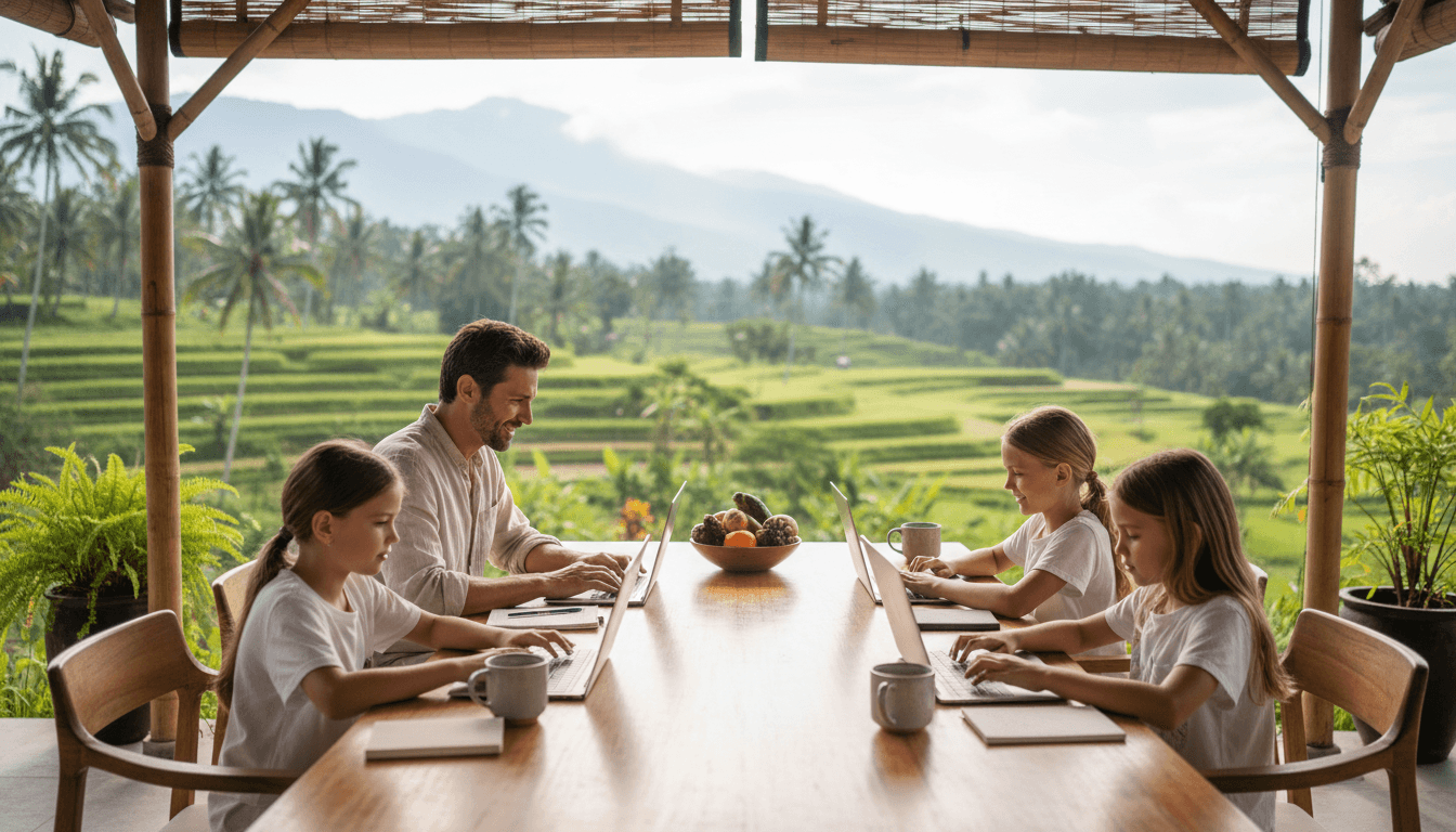 A digital nomad family working on laptops at a wooden table in Bali