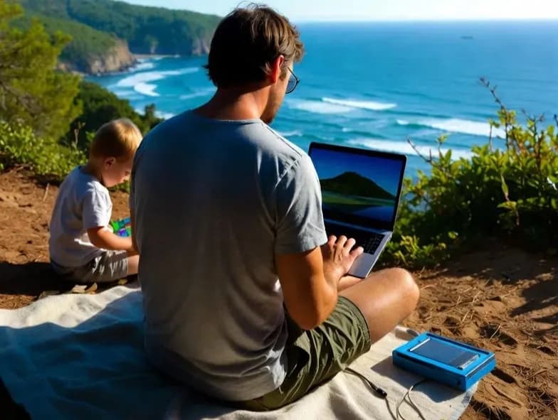 A digital nomad parent working on a laptop with a view of the ocean while a child plays nearby