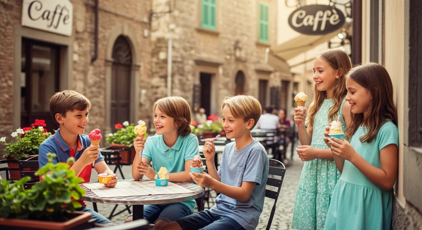 Children eating gelato at a local European cafe
