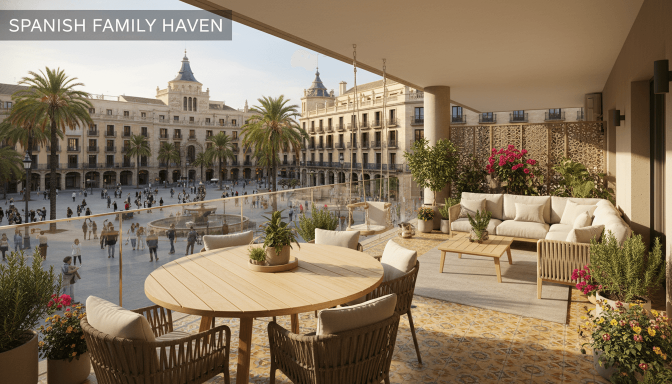 A spacious family-friendly apartment balcony overlooking a Spanish plaza