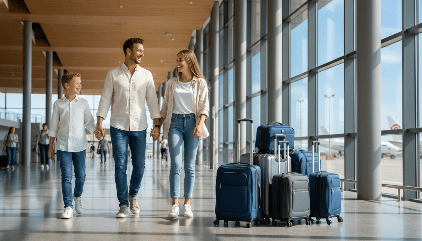 A family happily walking through an airport terminal with organized luggage