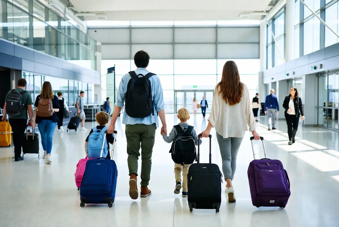 Family walking through airport terminal with the best carry-on luggage for families