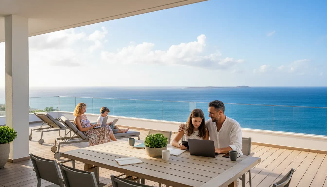 A digital nomad family working together on a terrace overlooking the ocean