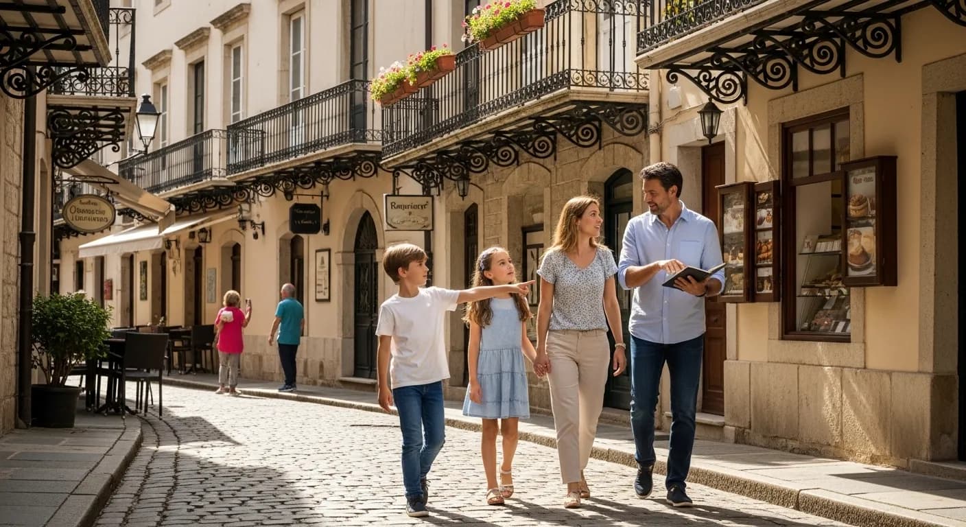 A family walking through a European street planning their budget