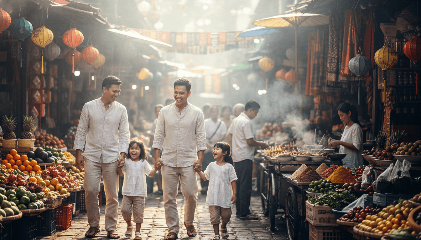 A happy family exploring a vibrant local market in Southeast Asia