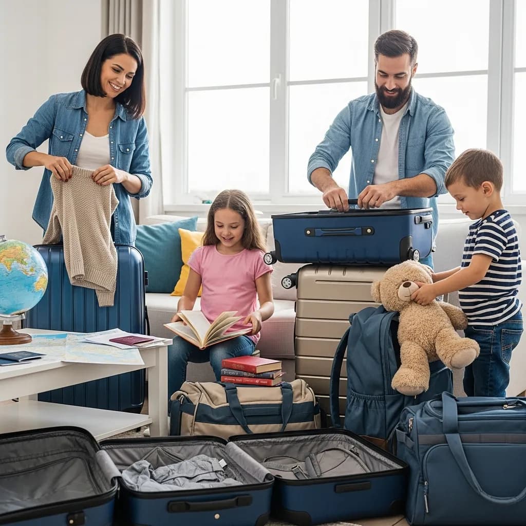 Parents and kids packing luggage for their international flight