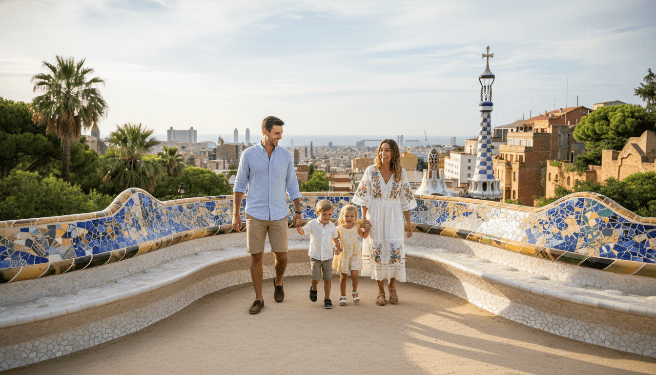 A happy family exploring the colorful mosaic walls of Park Guell in Barcelona