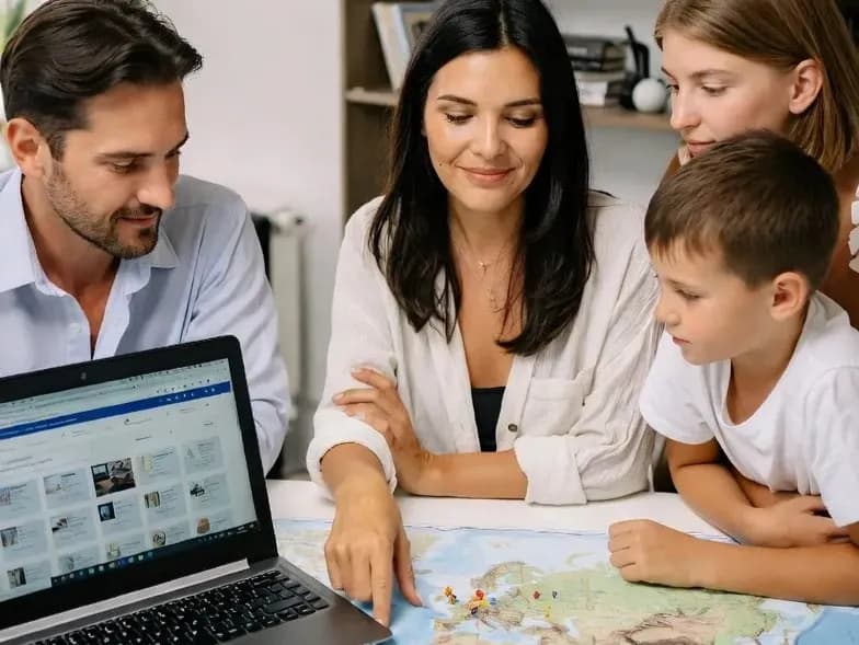 A family sitting around a table with a world map and a laptop planning their next destination