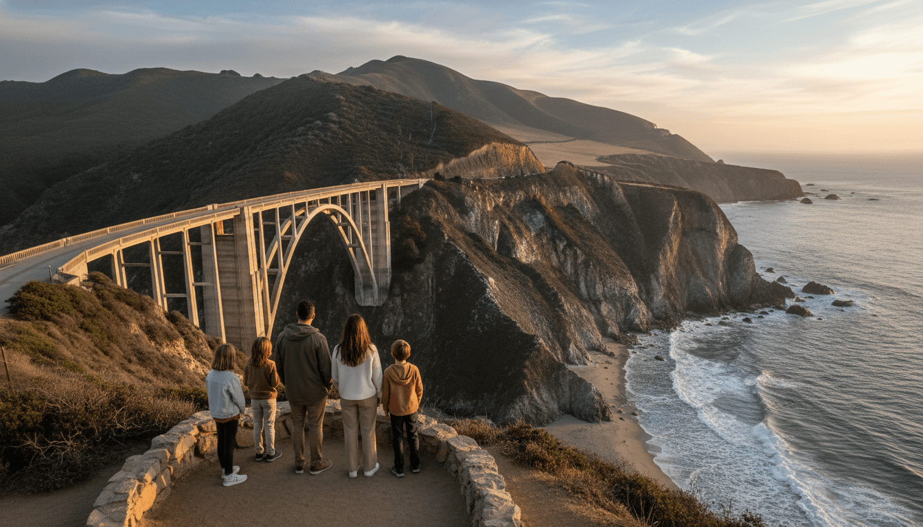 A family enjoying the view of the Bixby Creek Bridge on the Pacific Coast Highway