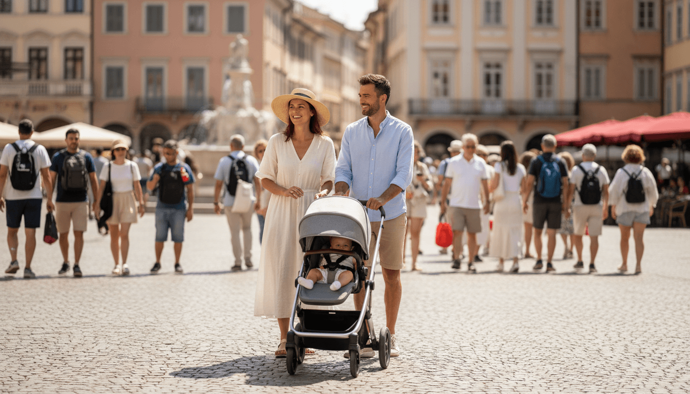 Family using a stroller in a crowded European plaza