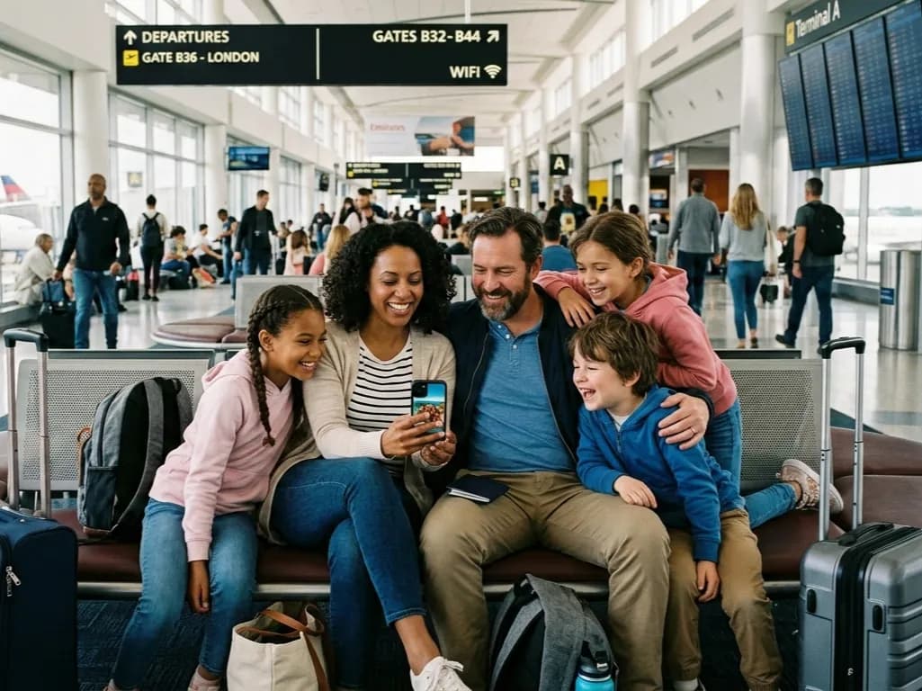 A happy family looking at a smartphone while sitting at an airport terminal