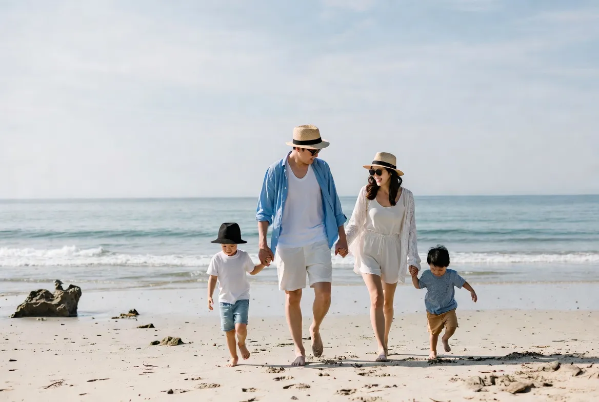 Family walking on the beach enjoying work and family balance