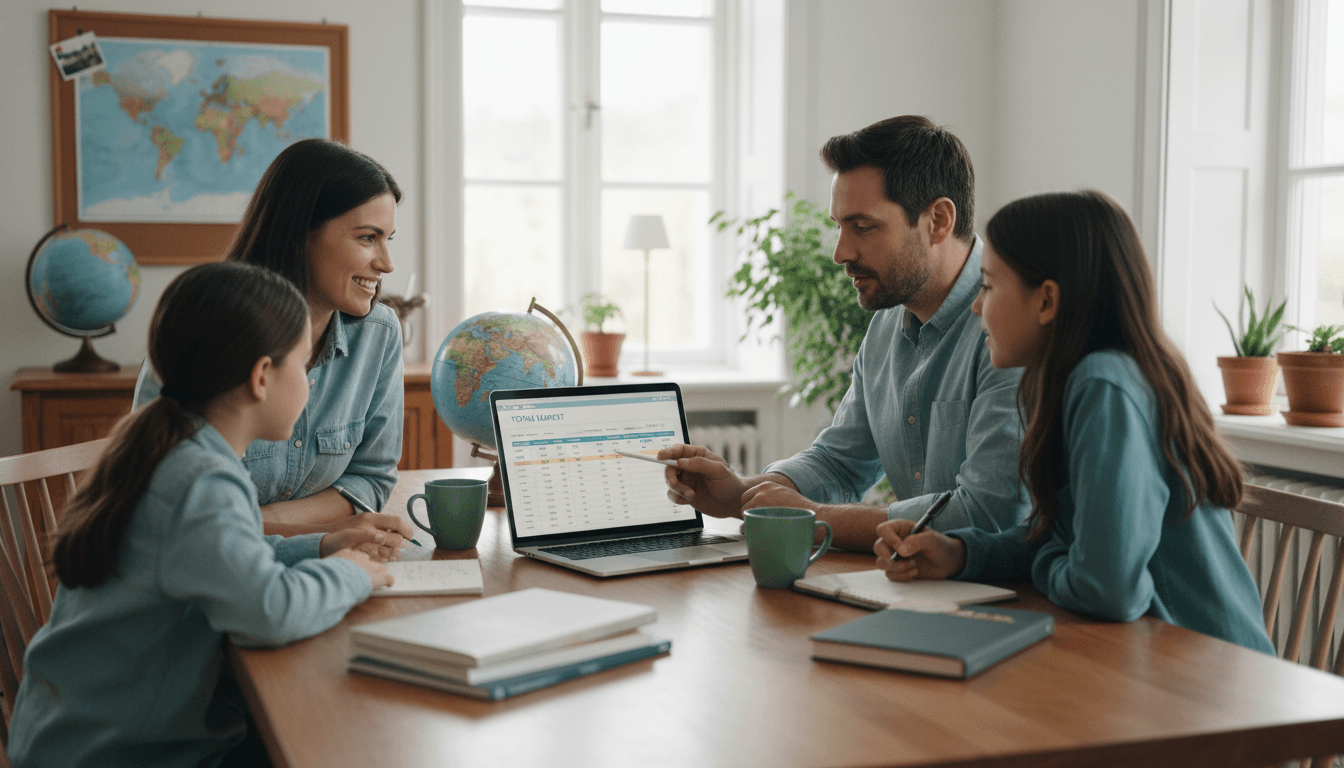 A family sitting around a wooden table planning their travel budget on a laptop