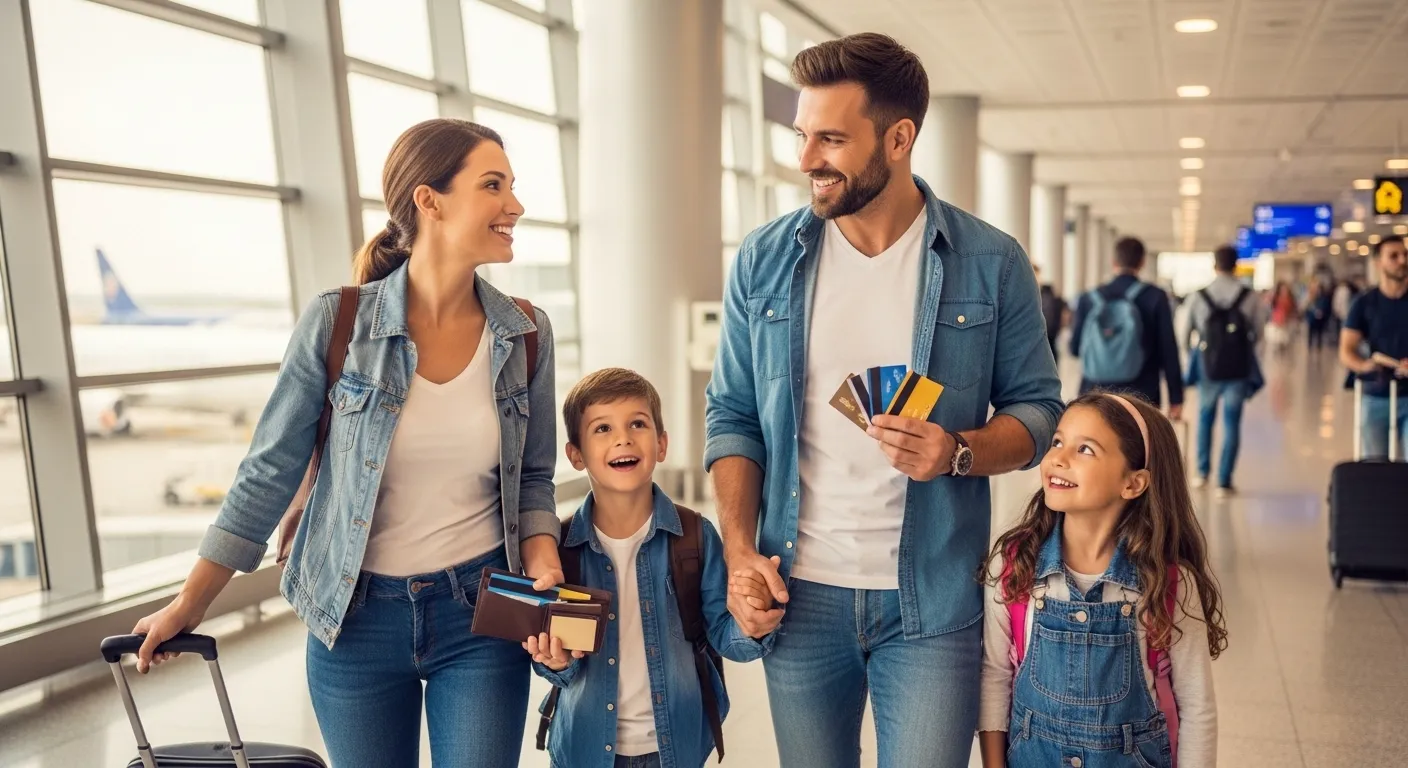 Happy family traveling with credit cards
