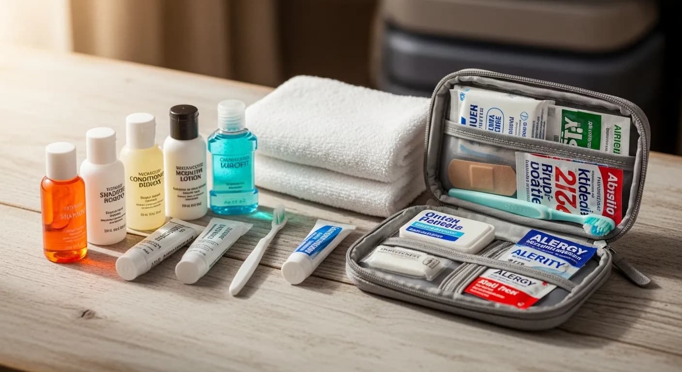 Travel-sized toiletries and first aid kit for family vacations