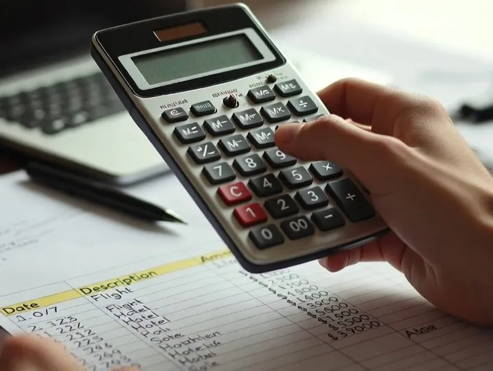 A close-up of a person using a calculator and a spreadsheet to manage travel finances