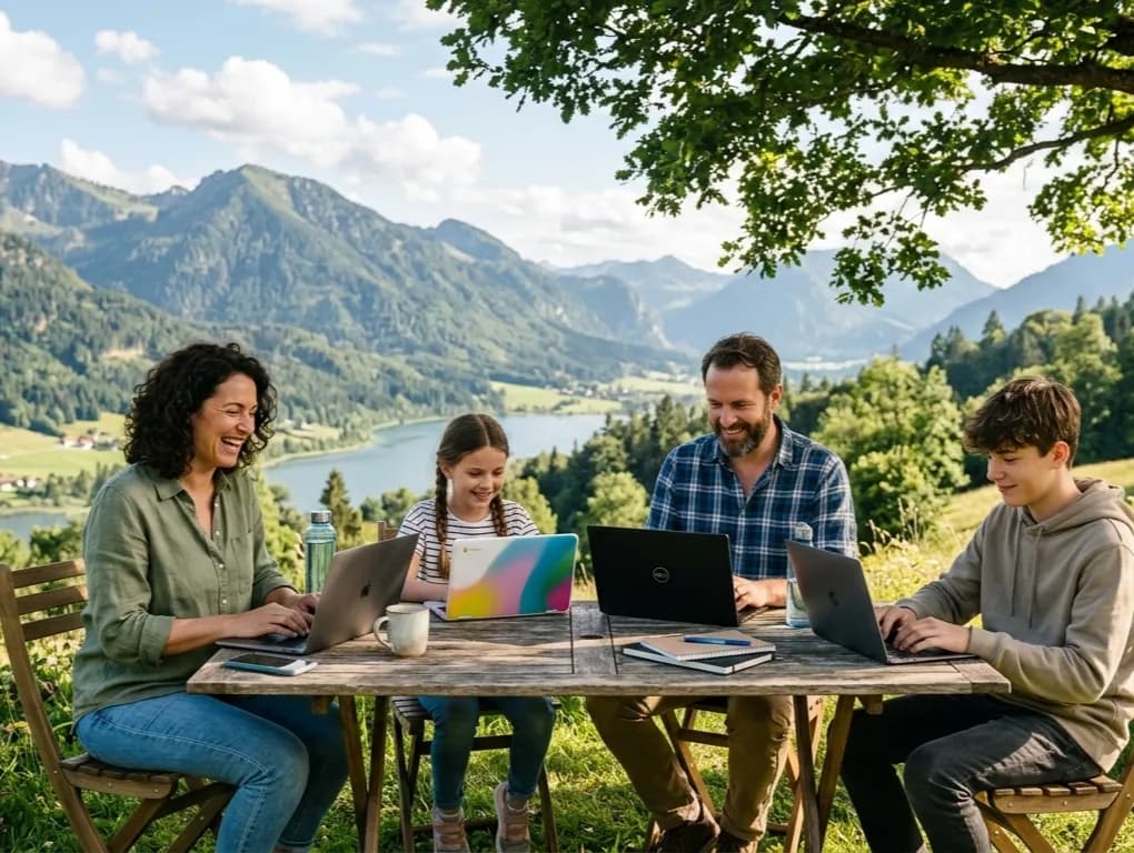 A happy family working on laptops in a beautiful outdoor setting