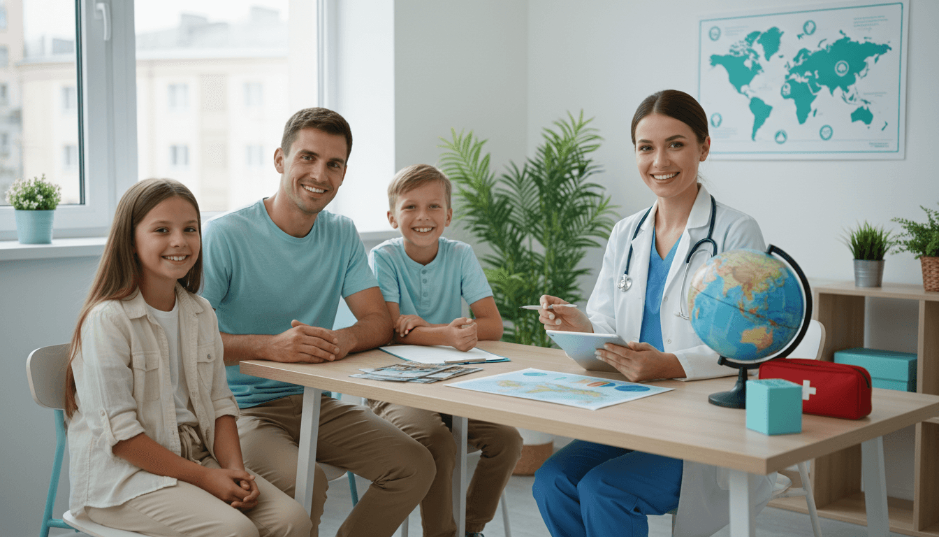 A happy family consulting with a healthcare professional about travel health