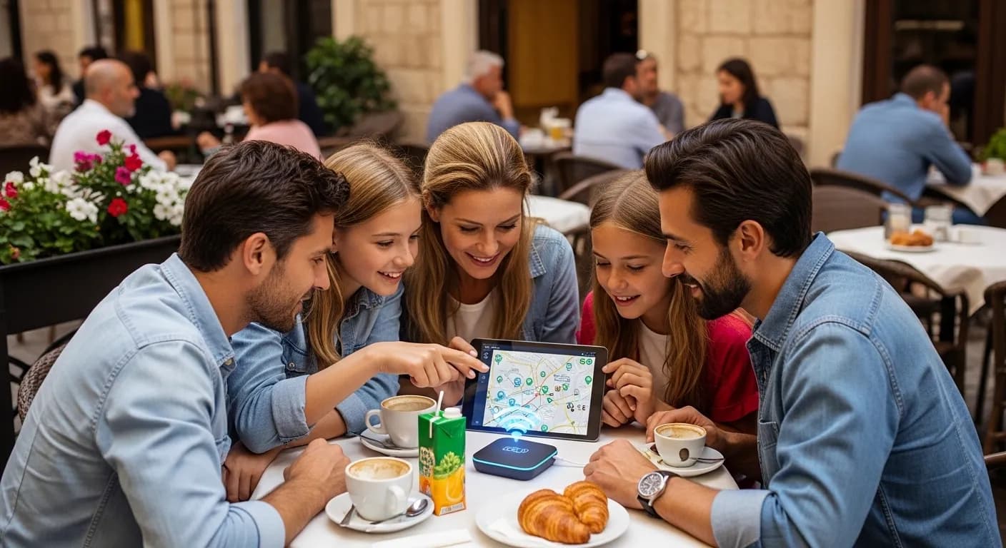 A family sitting in an outdoor cafe using a portable WiFi device to plan their next destination