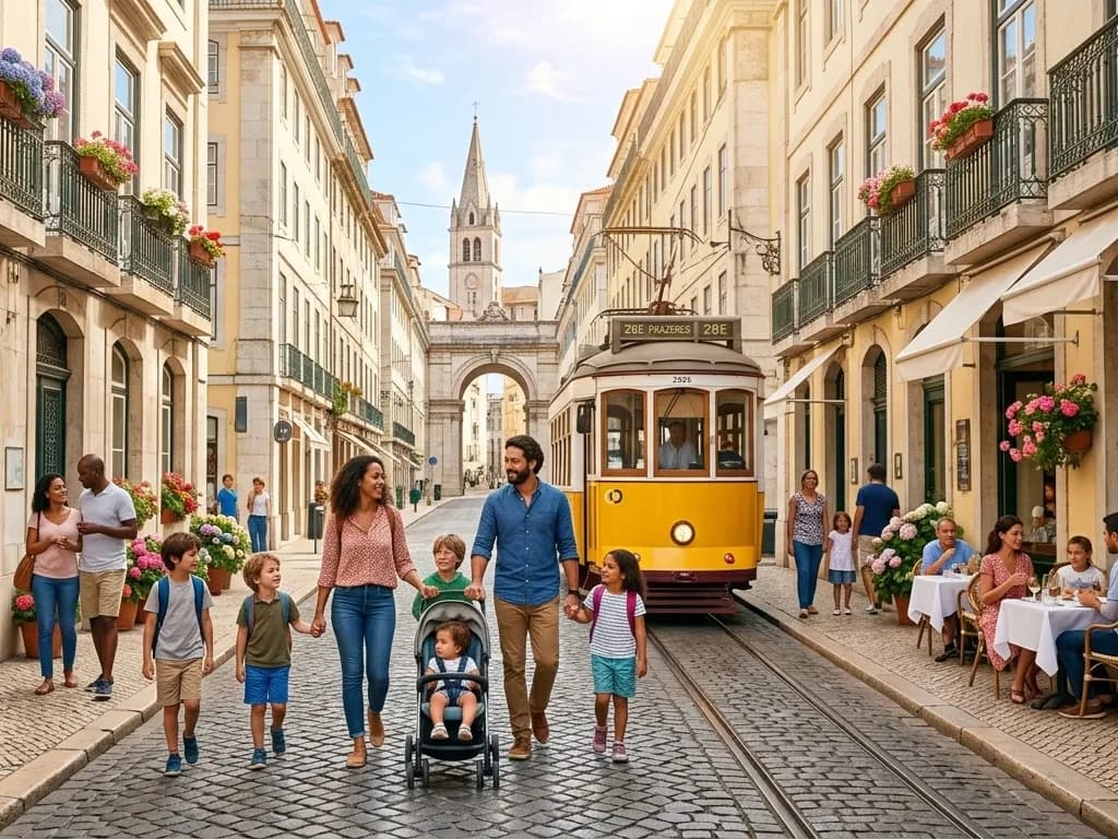 Family walking through a safe and vibrant European street