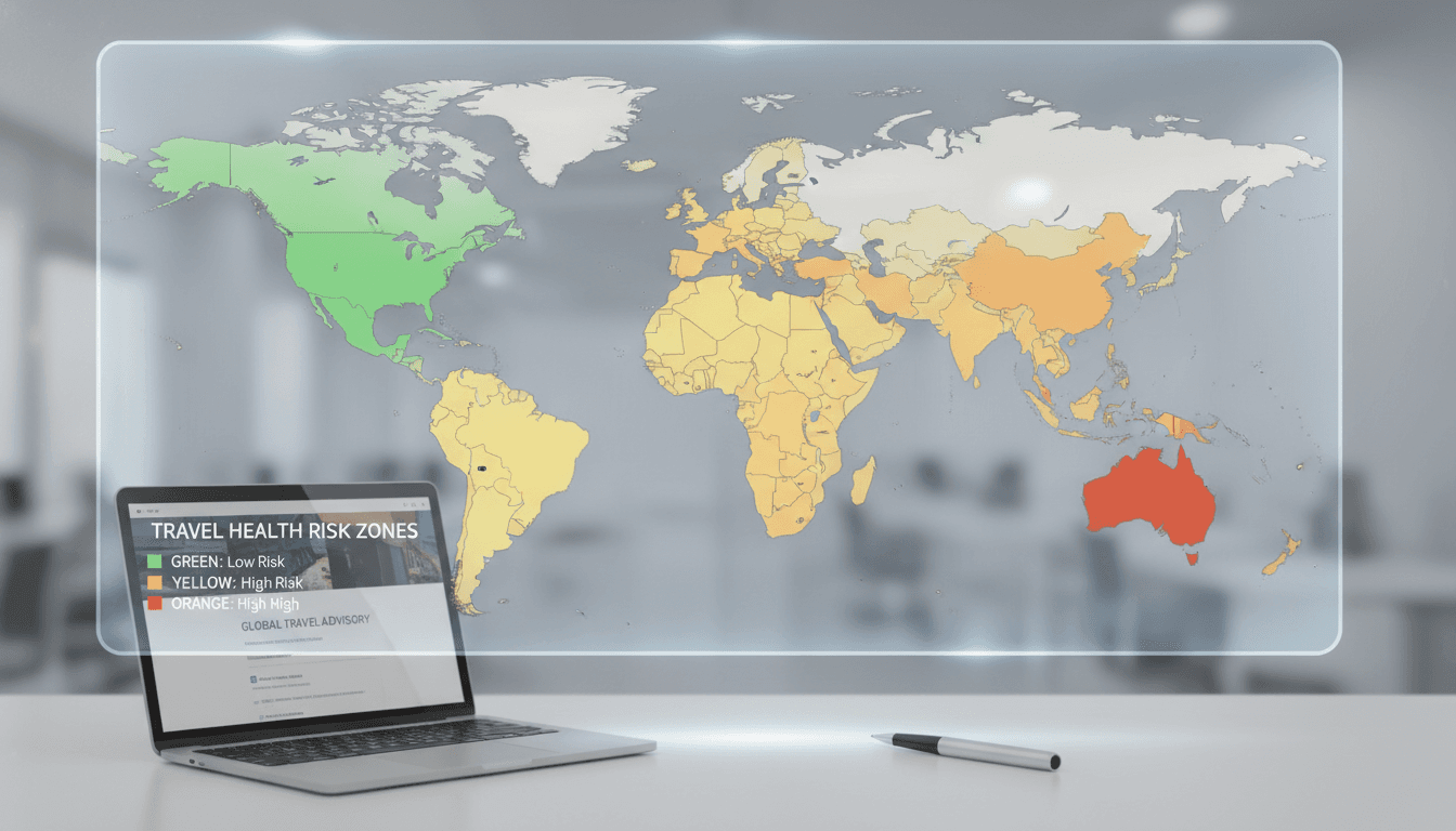 A world map showing different health risk zones for travelers