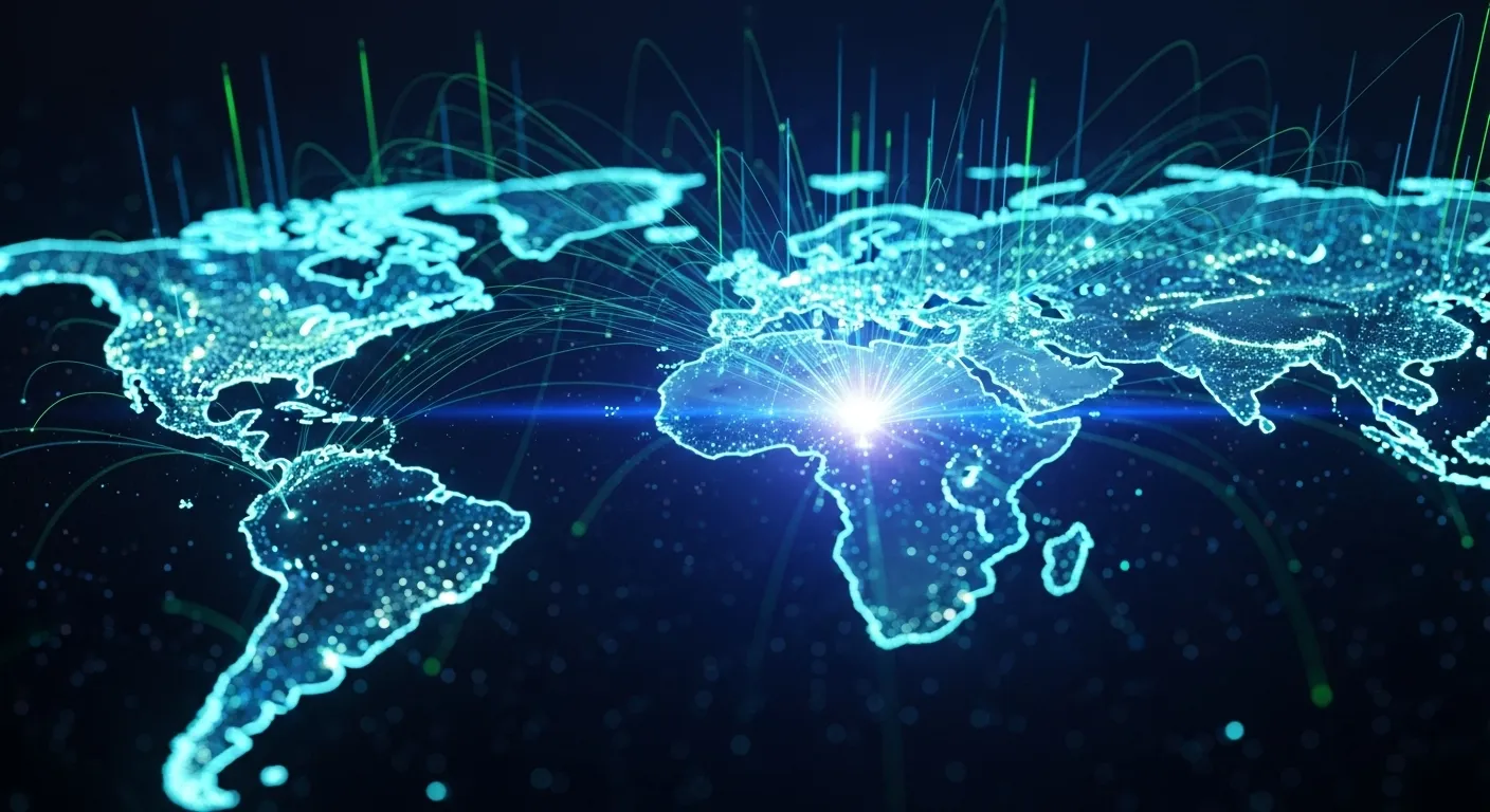 A map of the world with digital connection lines representing global wifi coverage