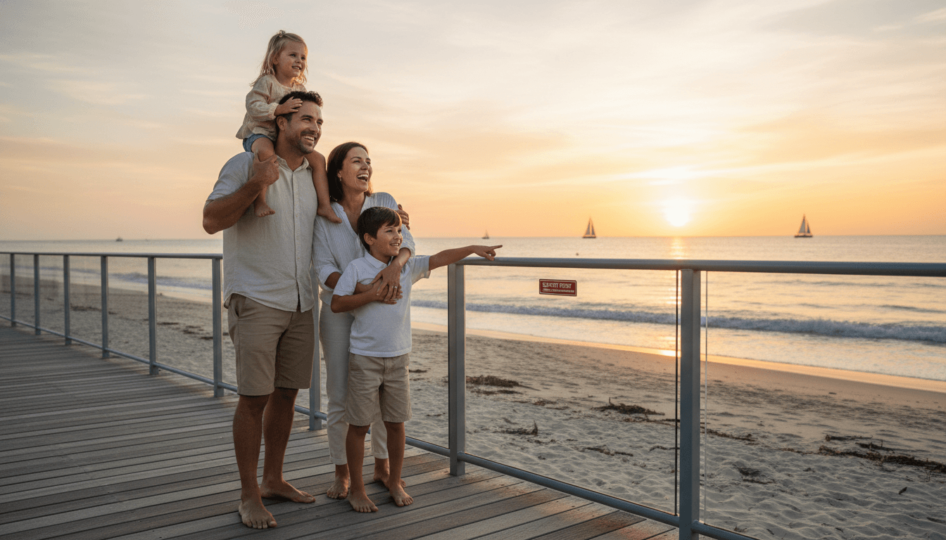 Happy family watching sunset on a beach safely