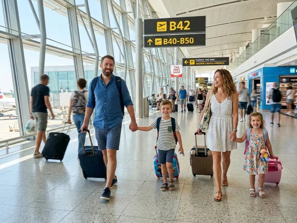 A happy family walking through a sunny airport terminal ready for their vacation