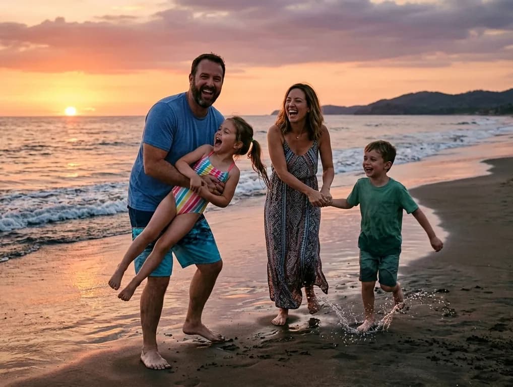 A happy family laughing together while playing on a beach at sunset