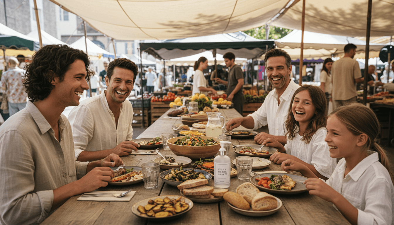 A family enjoying a meal at a local market with hand sanitizer on the table