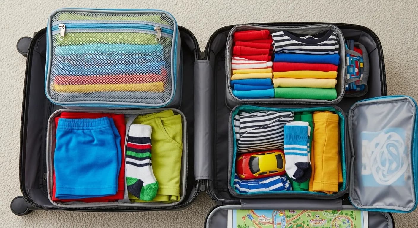 A collection of organized packing cubes with kids clothes inside a suitcase