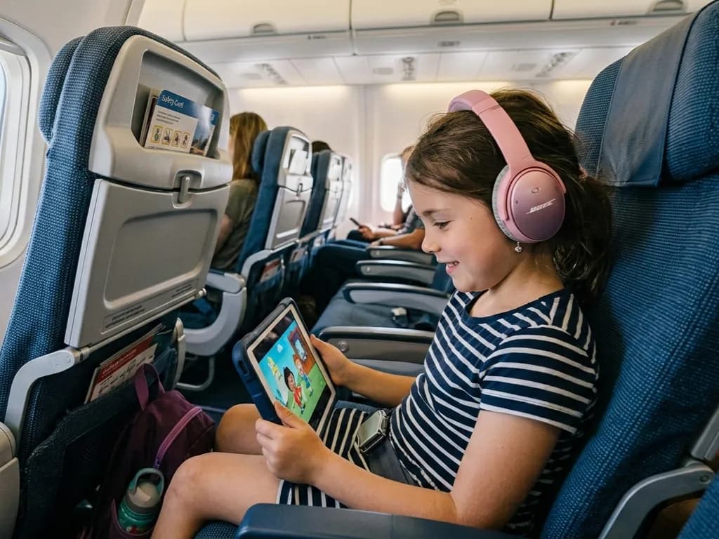 A child sitting in an airplane seat using a tablet with headphones