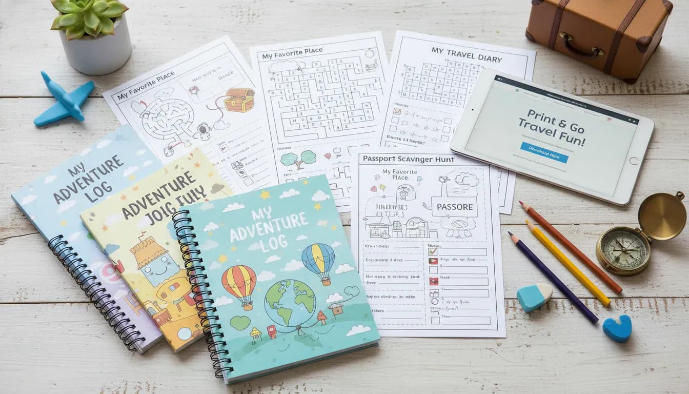 Printable activity sheets and journals for children traveling