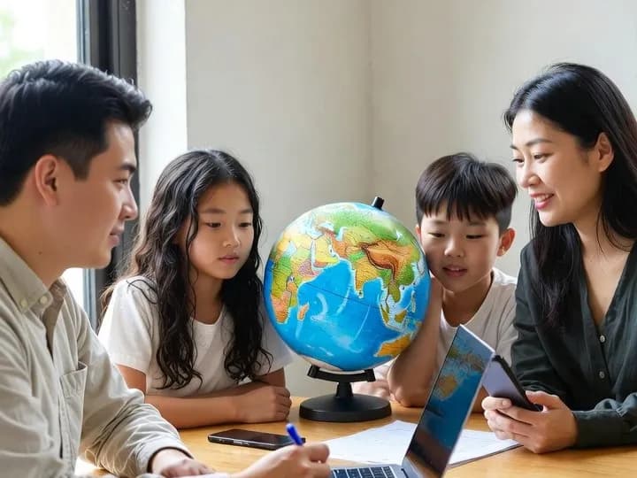 A family sitting at a wooden table looking at a laptop and a globe planning their trip