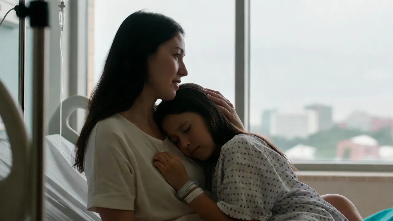 Mother comforting child in hospital abroad