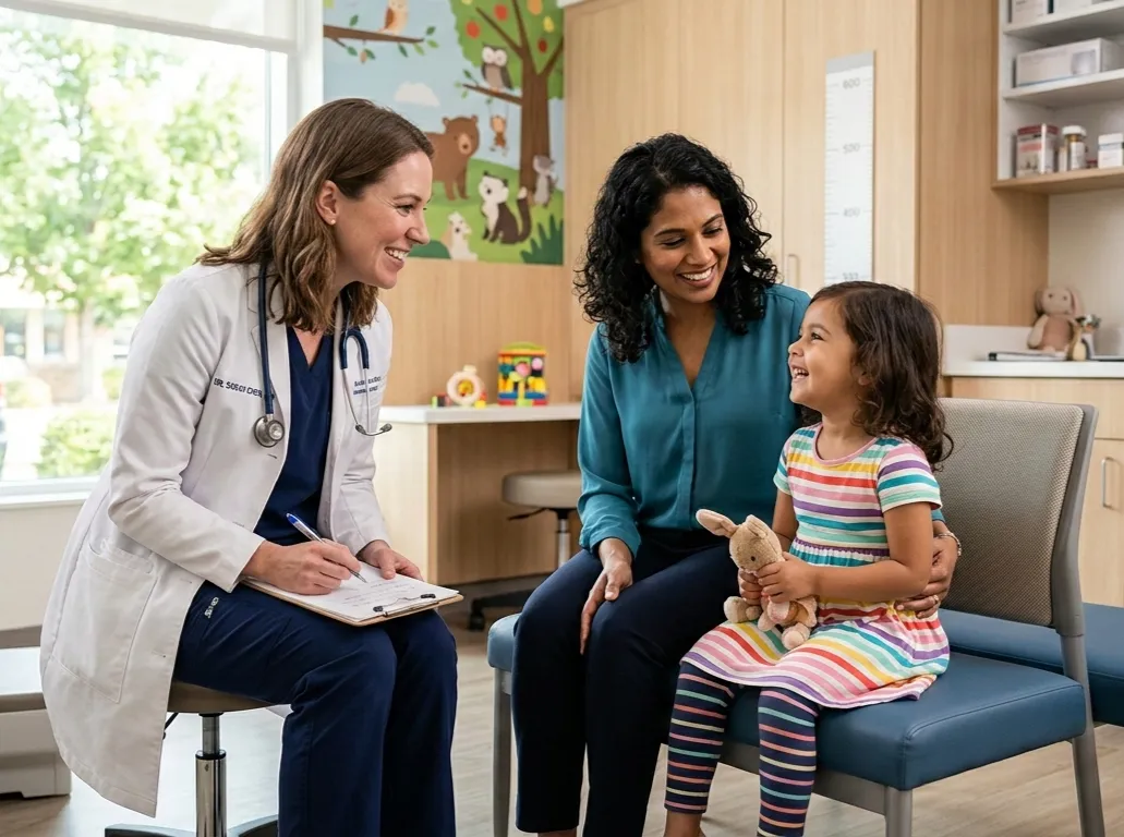 A doctor talking to a young child and their parent in a modern clinic setting